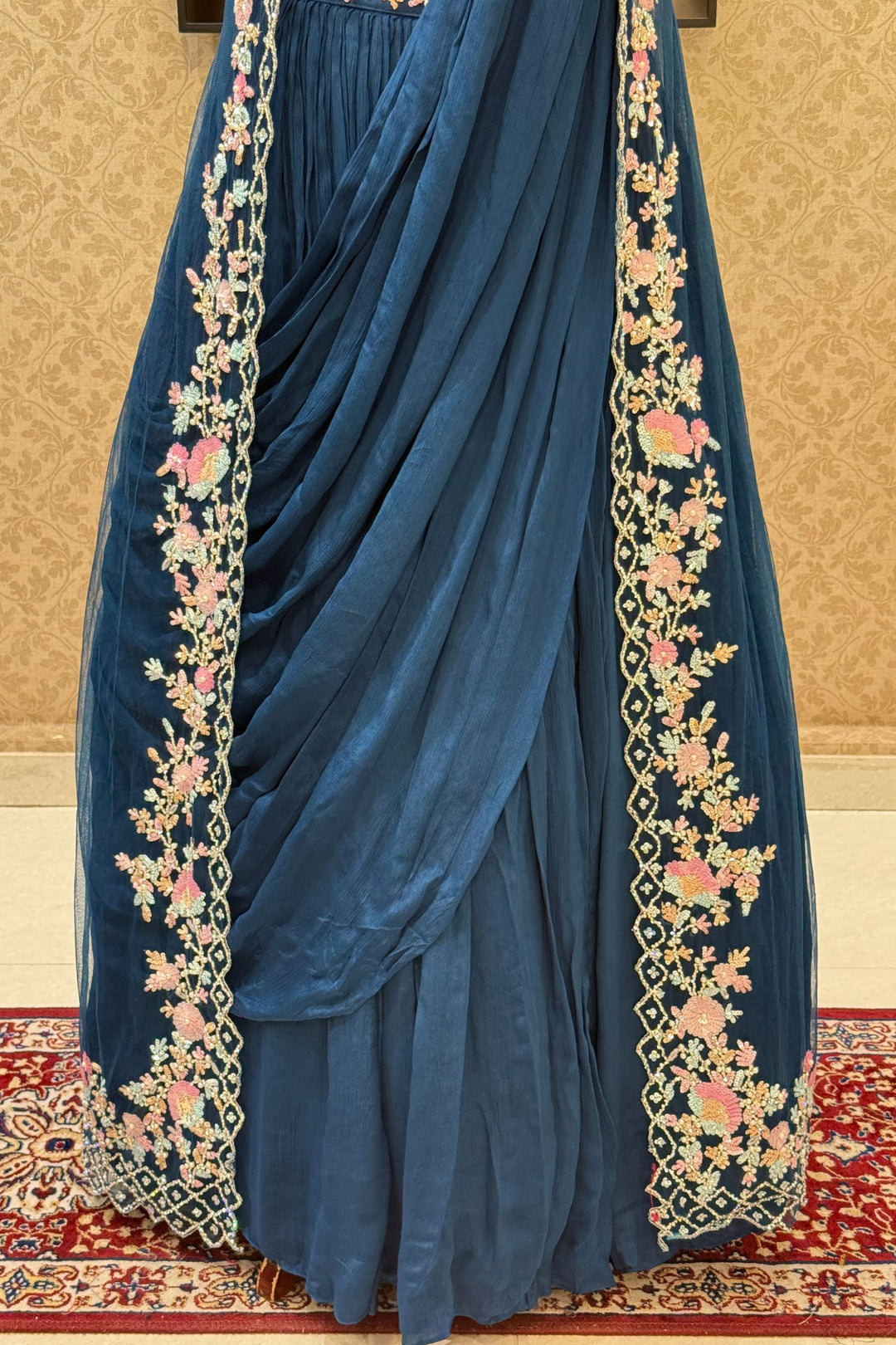 Teal Blue Sequins, Stone and Pearl work Indo-Western Styled Crop Top Lehenga  with Overcoat