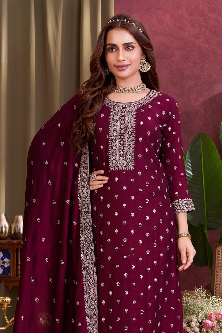 Wine Sequins and Zari work Straight Cut Salwar Suit