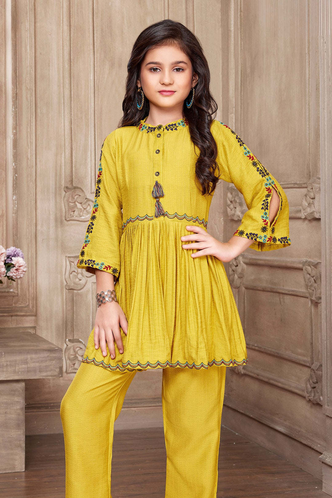 Mustard with Thread Weaving work Peplum Style Parallel Pant Set for Girls