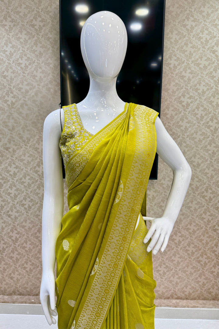 Green Banaras Zari work Saree with Zari and Sequins work Readymade Blouse