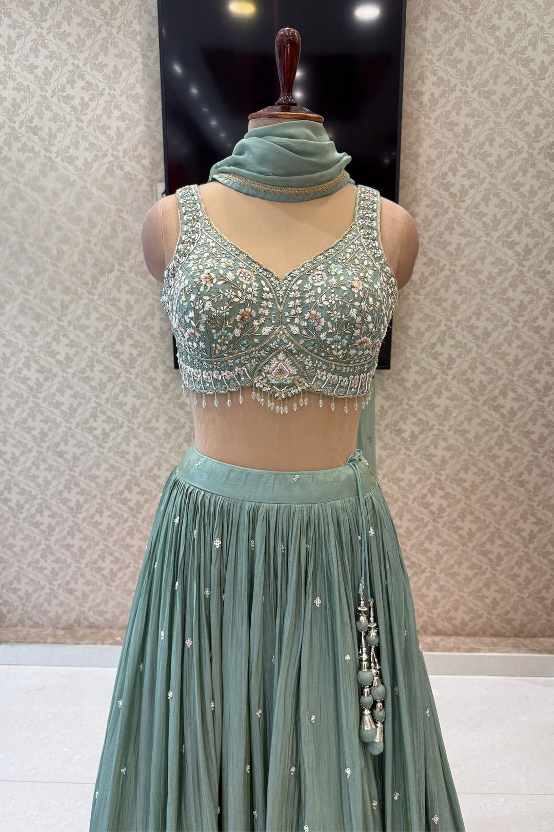 Sea Green Mirror, Stone, Zardozi, Beads and Embroidery work Lehenga