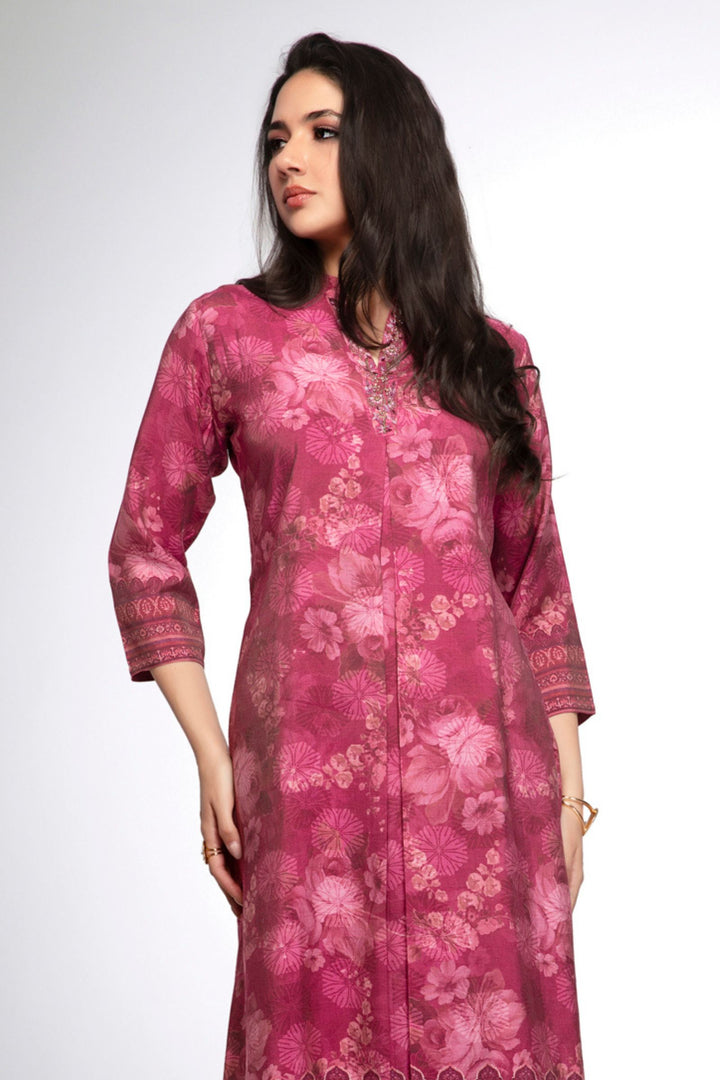 Magenta Beads, Sequins and Zardozi work with Digital Print A-Line Cut Calf Length Kurti