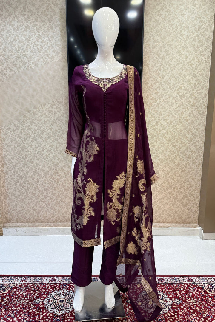 Purple Banaras, Stone, Zardozi, SEquins, Beads and Zari work Straight Cut Salwar Suit