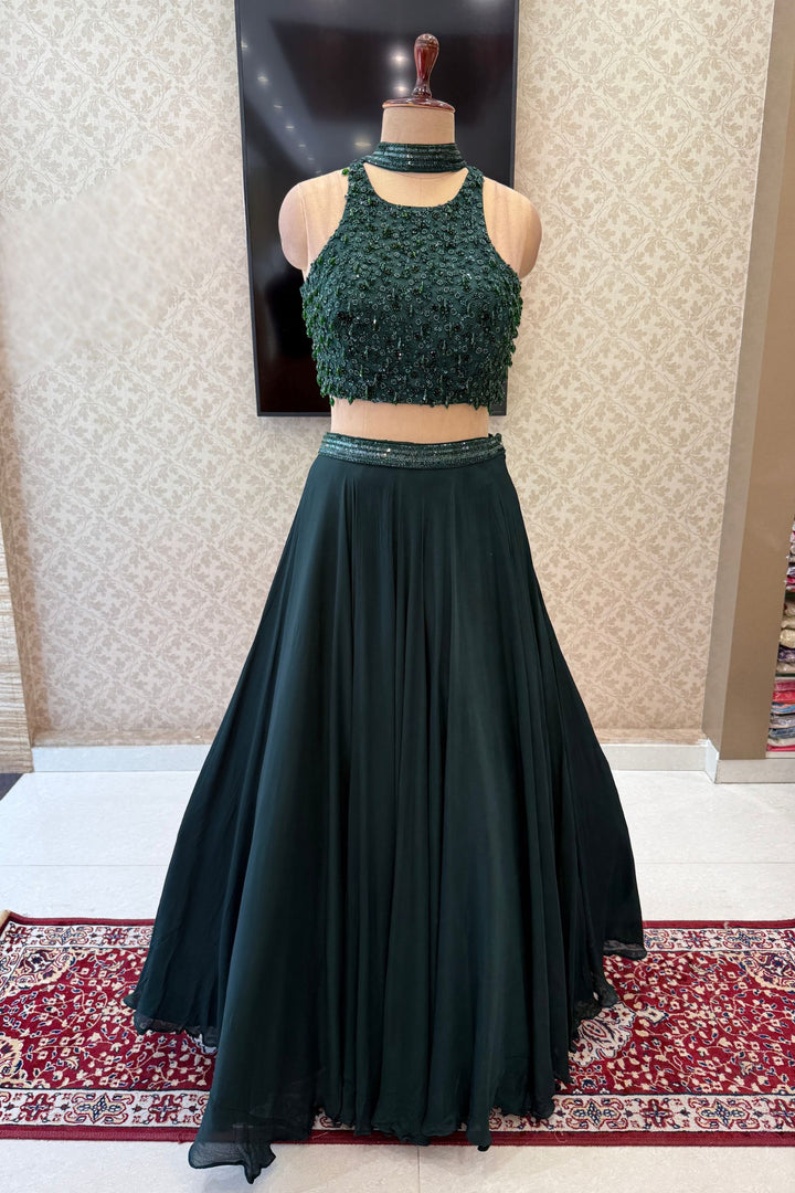 Bottle Green Beads and Sequins work Crop Top Lehenga