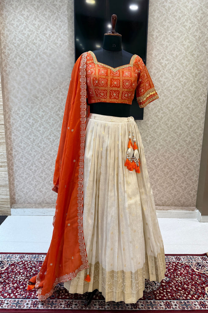 Orange with Cream Banaras, Zardozi, Sequins, Beads and Zari work Crop Top Lehenga