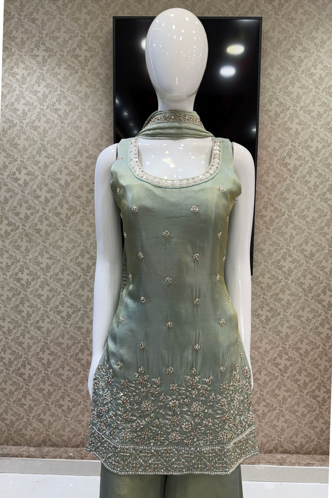 Light Pista Green Beads, Zari and Sequins work Top with Flared Palazzo Set