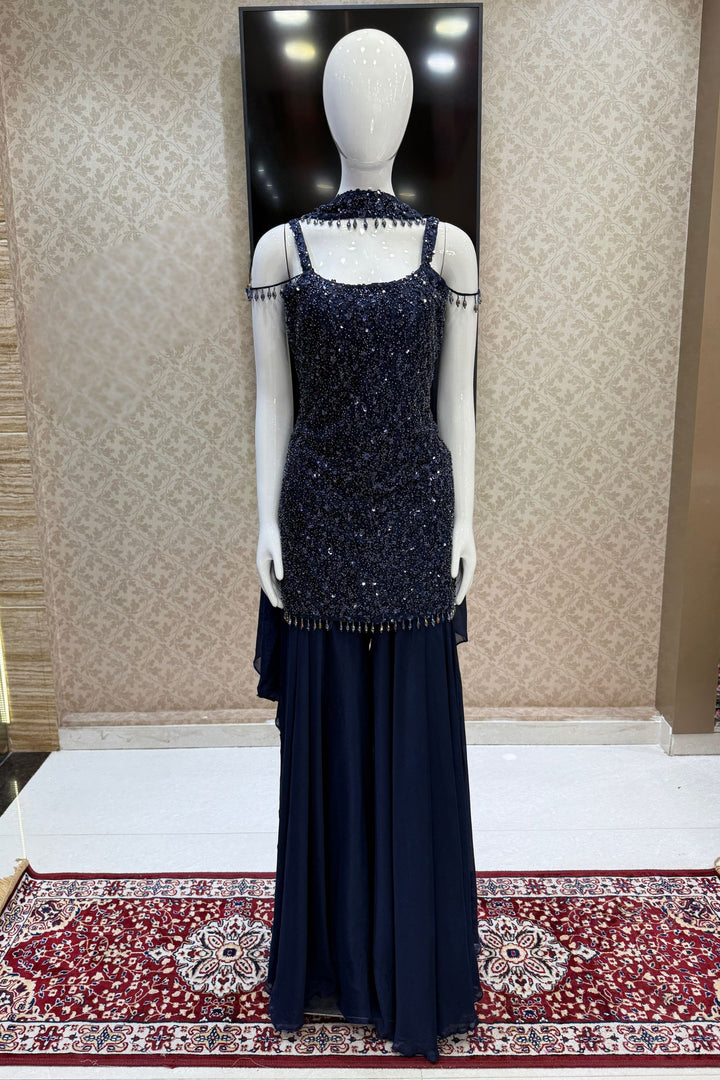 Navy Blue Beads and Sequins work Palazzo Salwar Suit