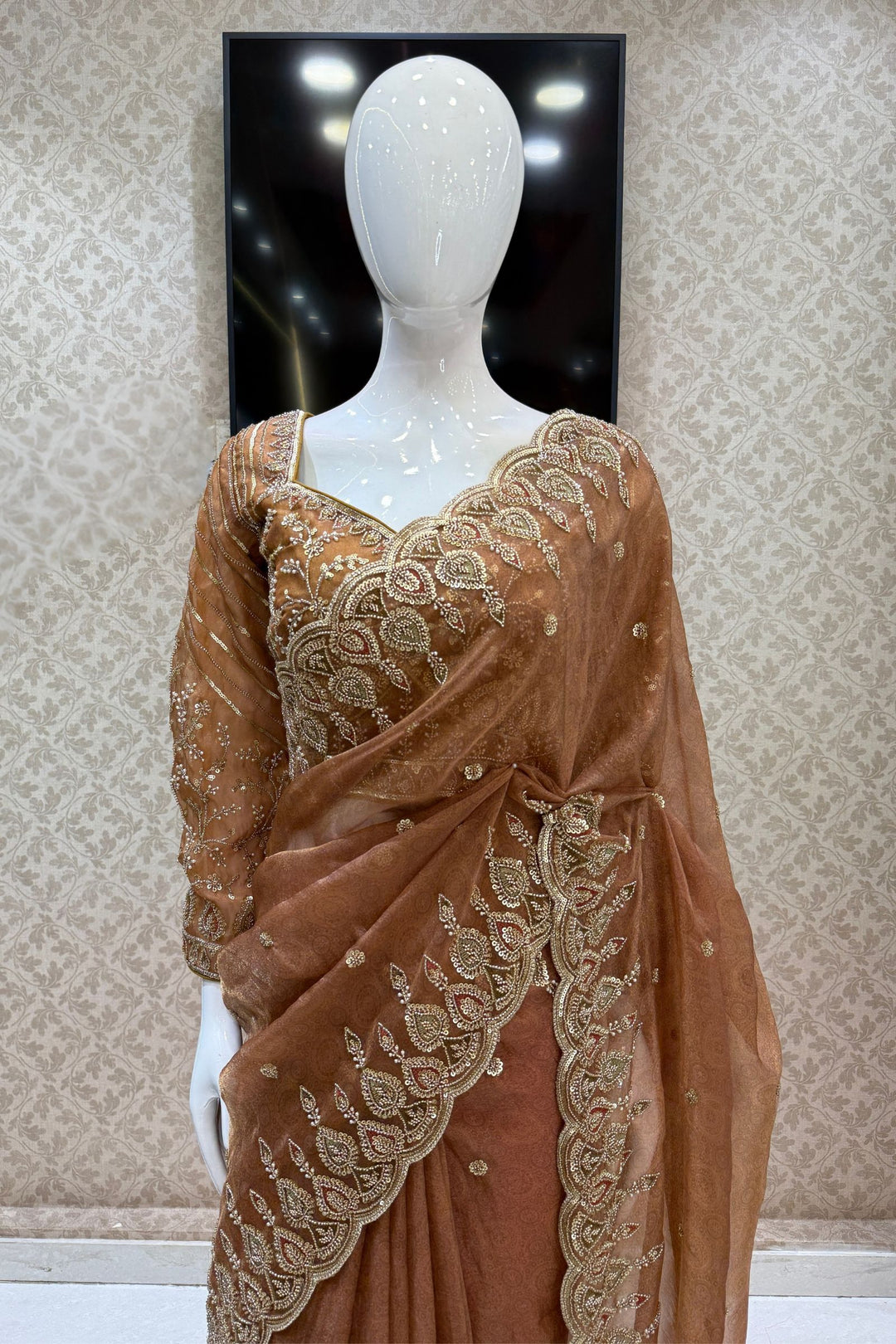 Mustard Pearls, Beads and Multicolor Thread work with Self Print Saree