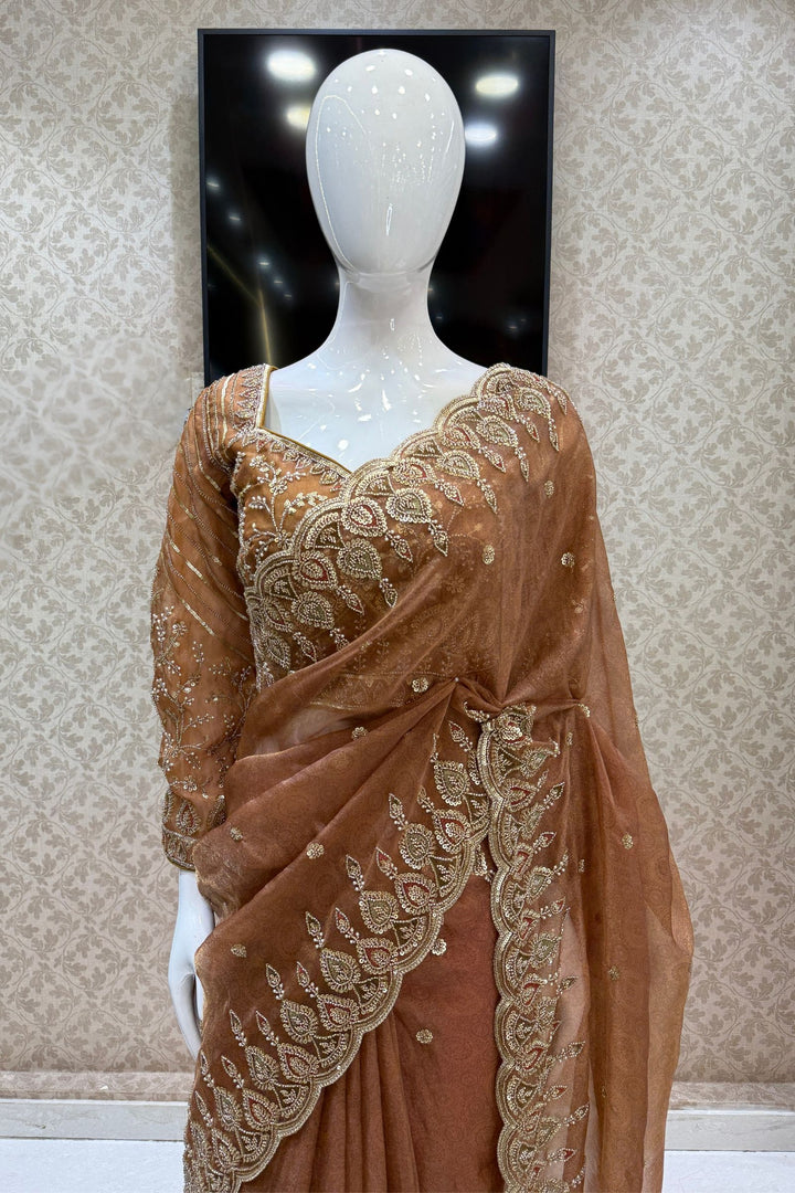 Mustard Pearls, Beads and Multicolor Thread work with Self Print Saree