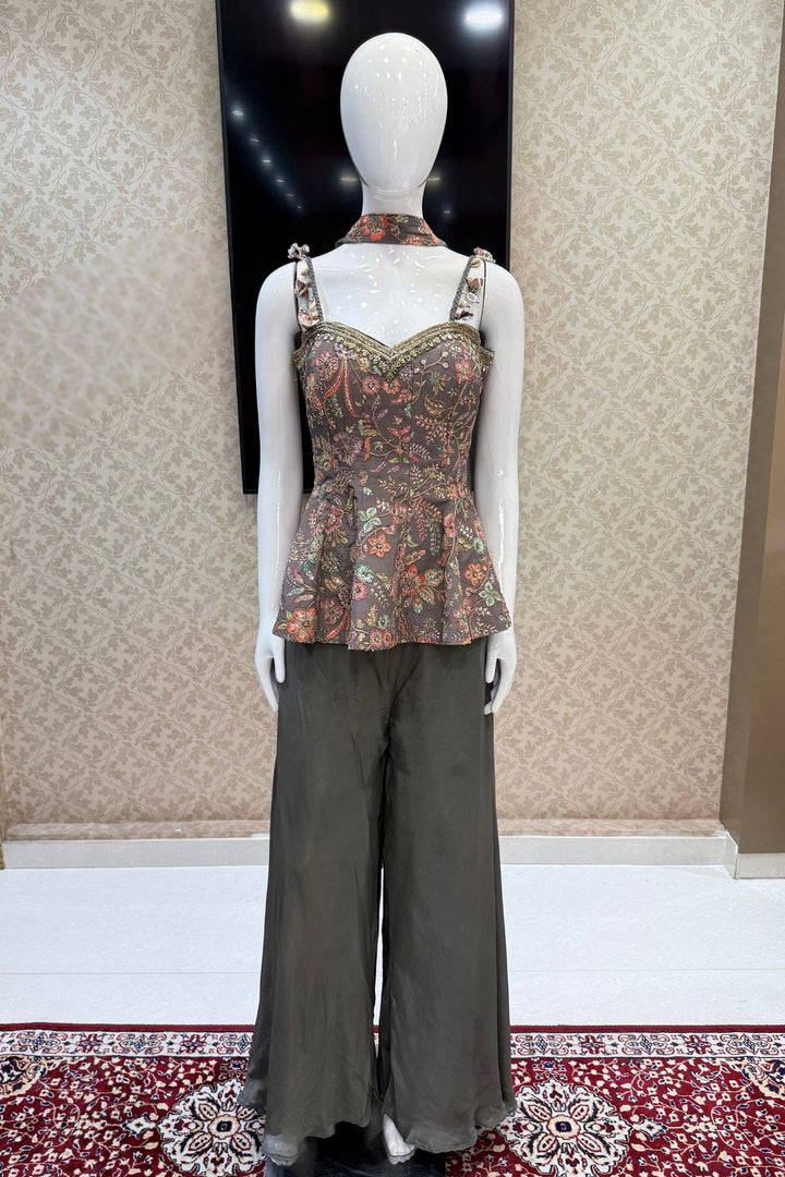 Grey Floral Print Peplum Top and Flared Palazzo Set with Zari and Beads work