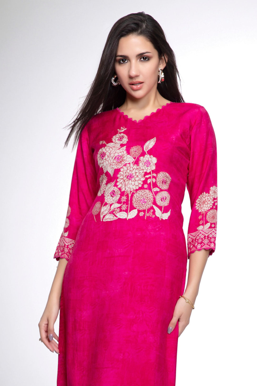 Rani Pink Emrboidery, Zari and Mirror work with Floral Print Calf Length Kurti
