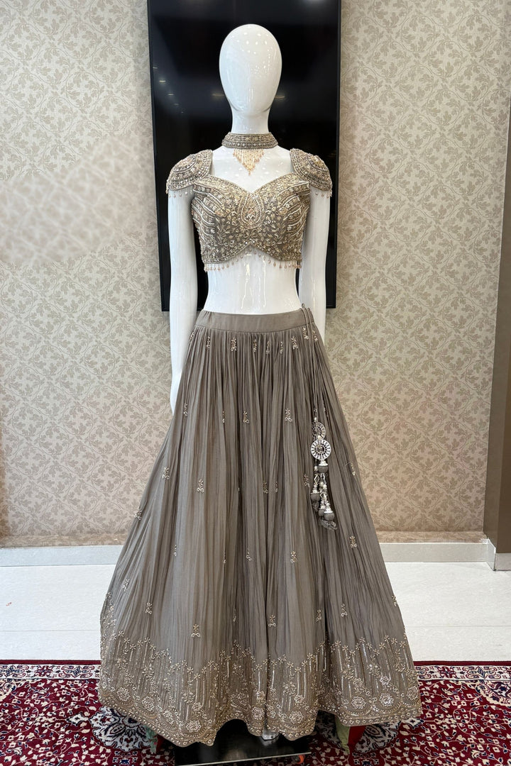 Designer Grey Lehenga with Intricate Beads, Zardozi, Mirror, Kundan and Sequins work