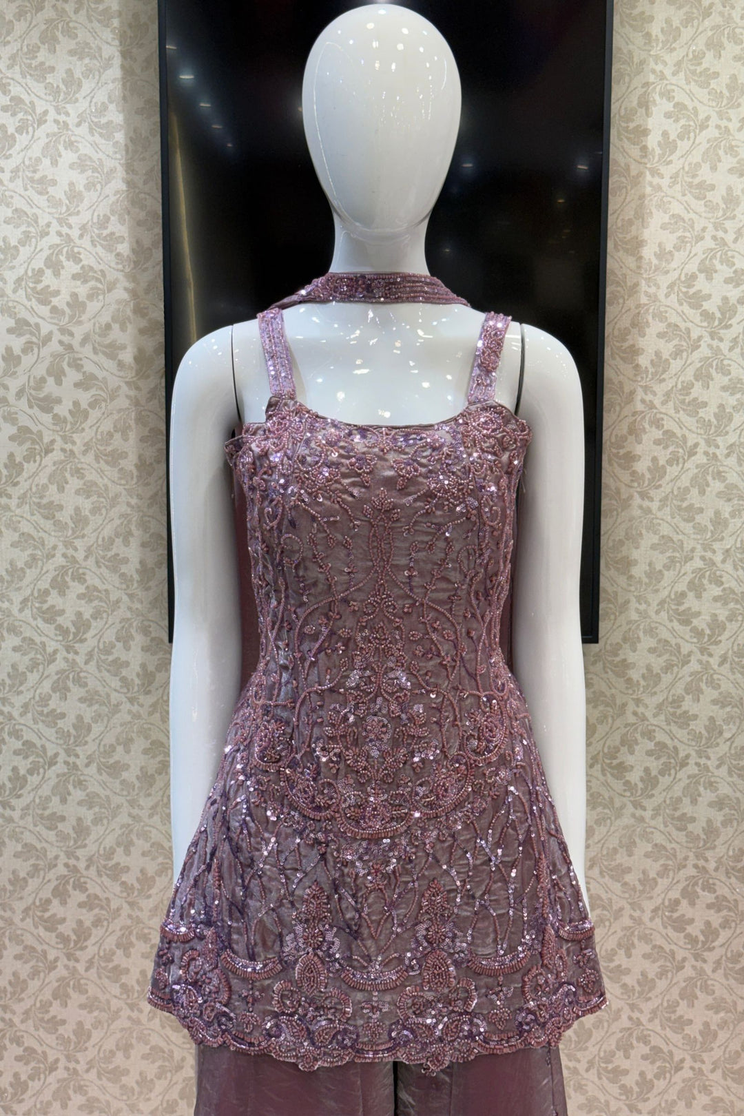 Onion Pink Peplum Palazzo Set with Intricate Beads and Sequins work