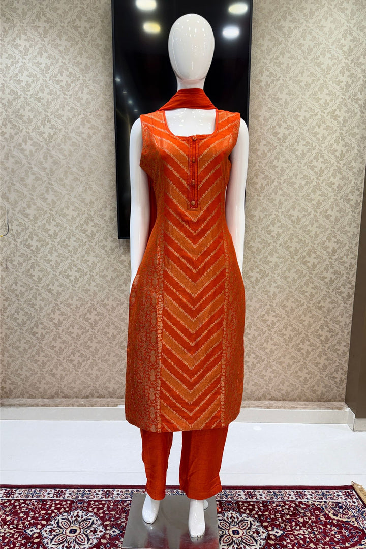 Orange Banaras work Straight Cut Salwar Suit