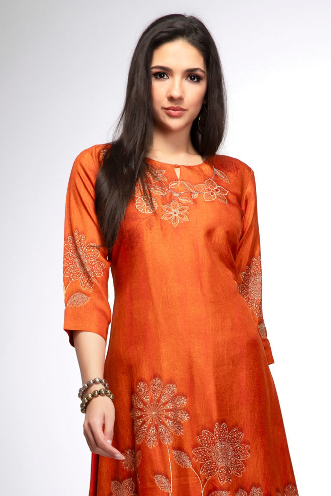Orange Thread, Beads and Stone work with Floral Print Calf Length Kurti