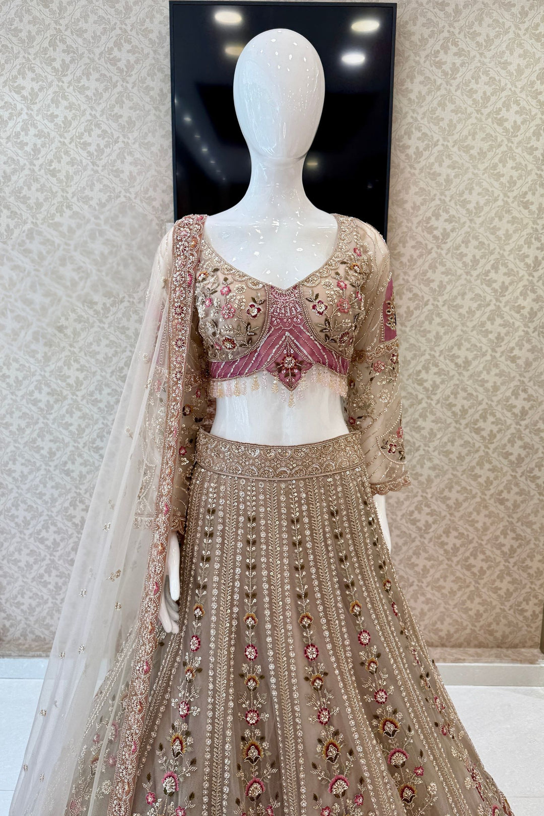 Chiku Beads, Sequins and Embroidery work Crop Top Designer Bridal Lehenga