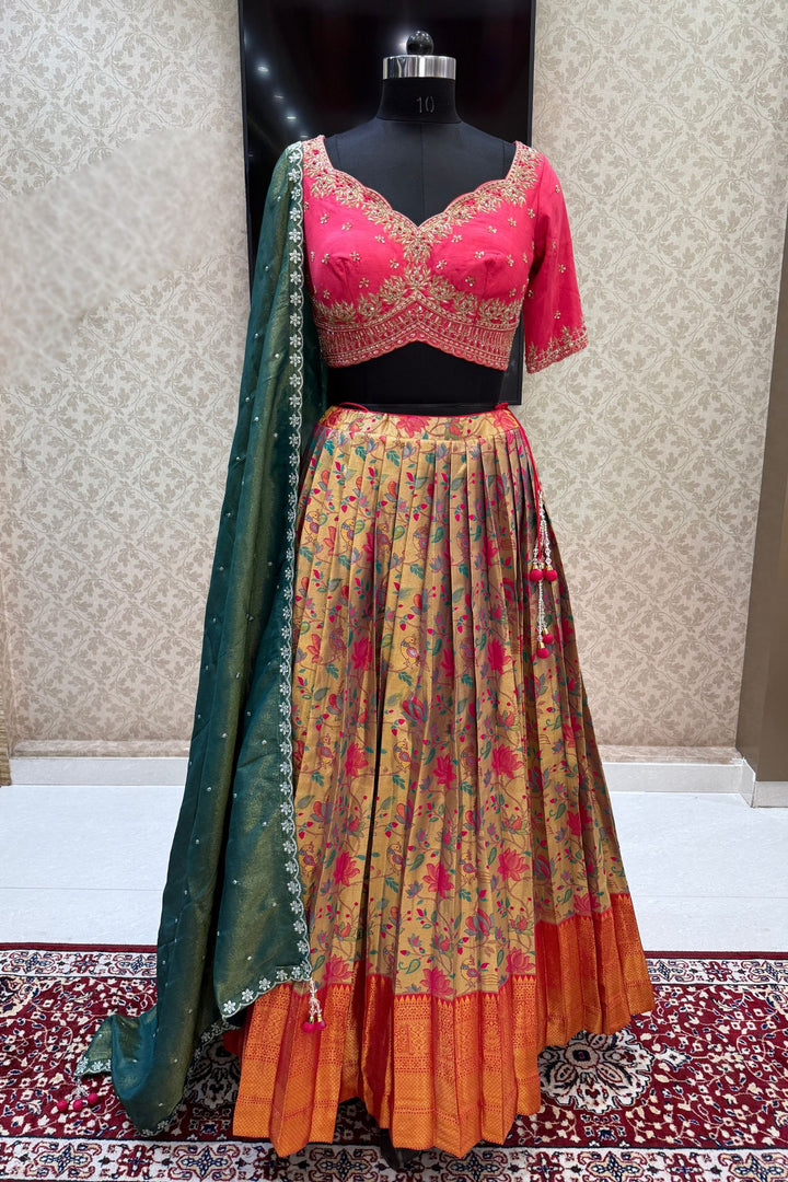Designer Floral Banarasi Lehenga Set in Pink and Gold