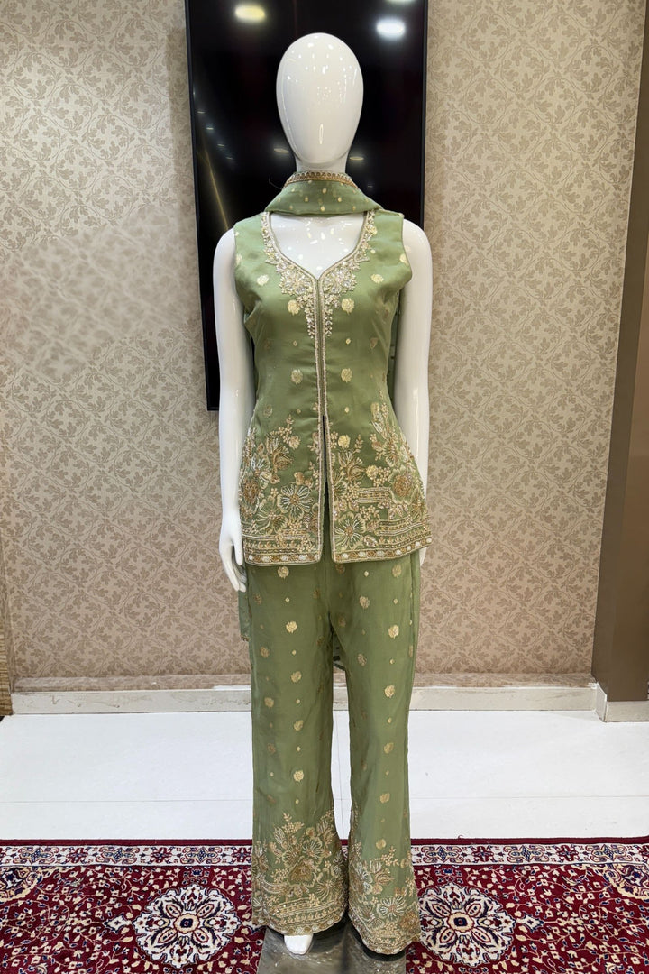 Pista Green Beads, Banaras, Sequins, Stone, and Thread work Salwar with Palazzo Pant