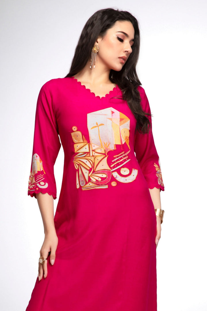 Pink Stone, Zari and Thread work with Digital Print Calf Length Kurti