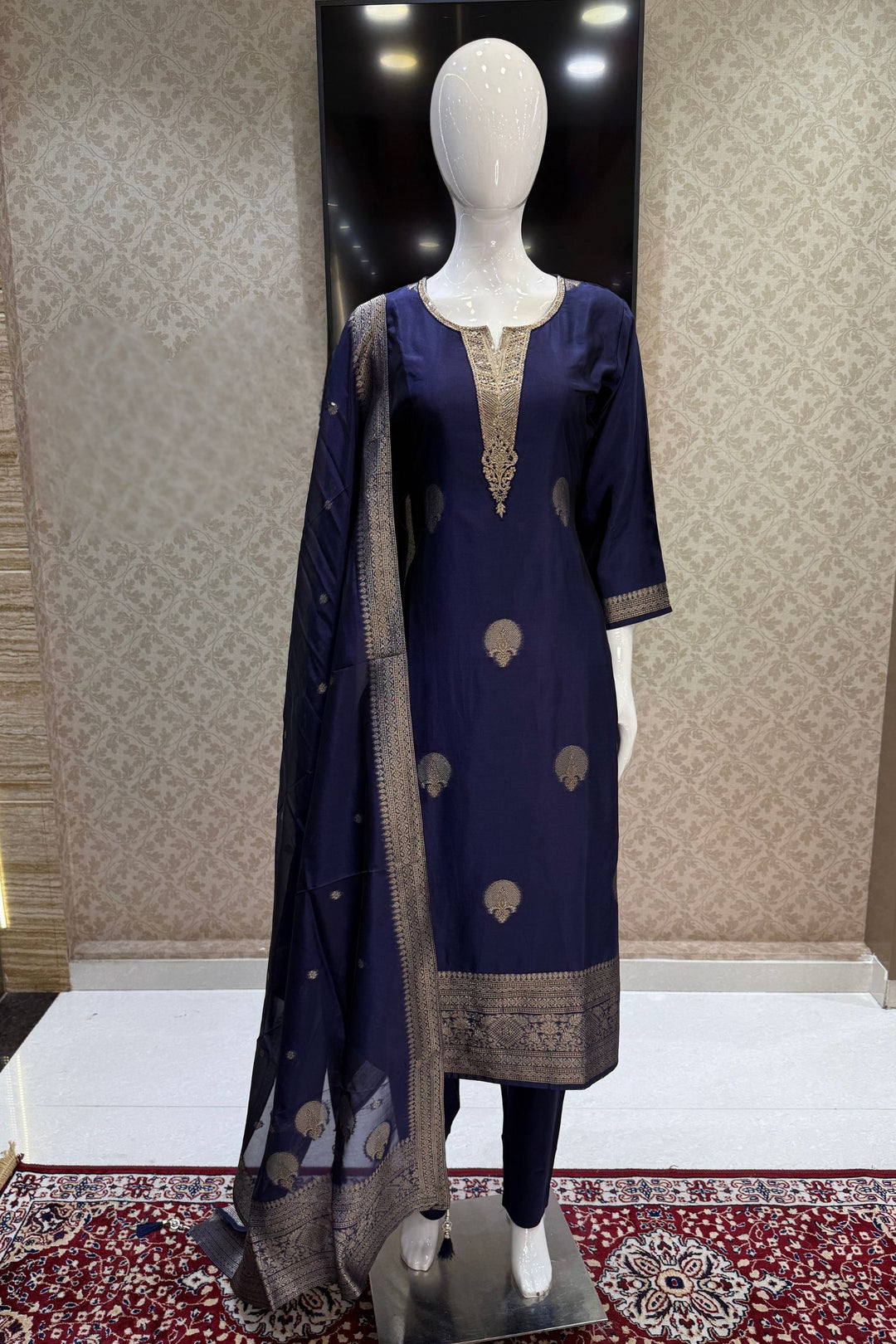 Royal Blue Banaras, Zardozi, Sequins, Beads and Zari work Straight Cut Salwar Suit