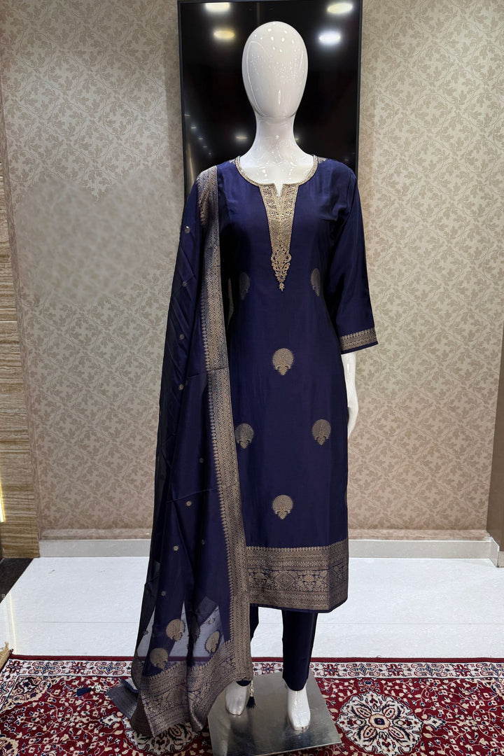 Royal Blue Banaras, Zardozi, Sequins, Beads and Zari work Straight Cut Salwar Suit