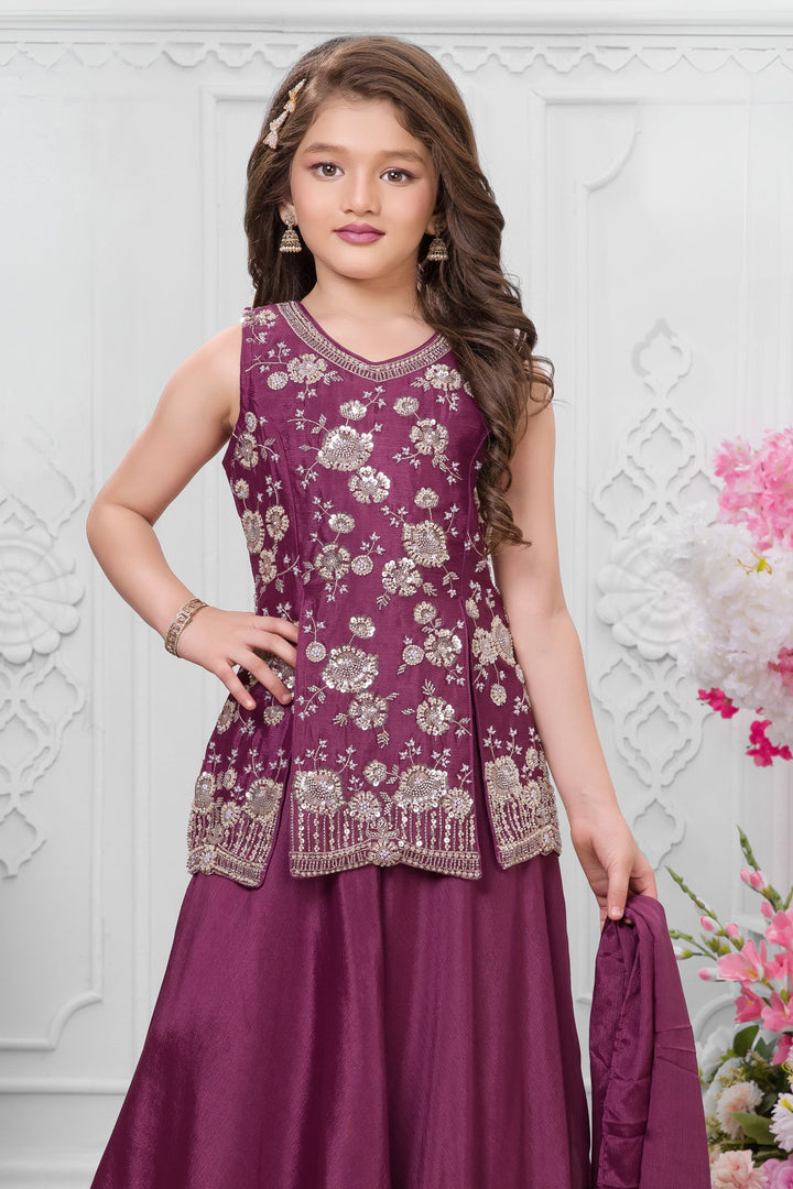 Onion Pink Sequins, Beads and Thread work Palazzo Suit Set for Girls