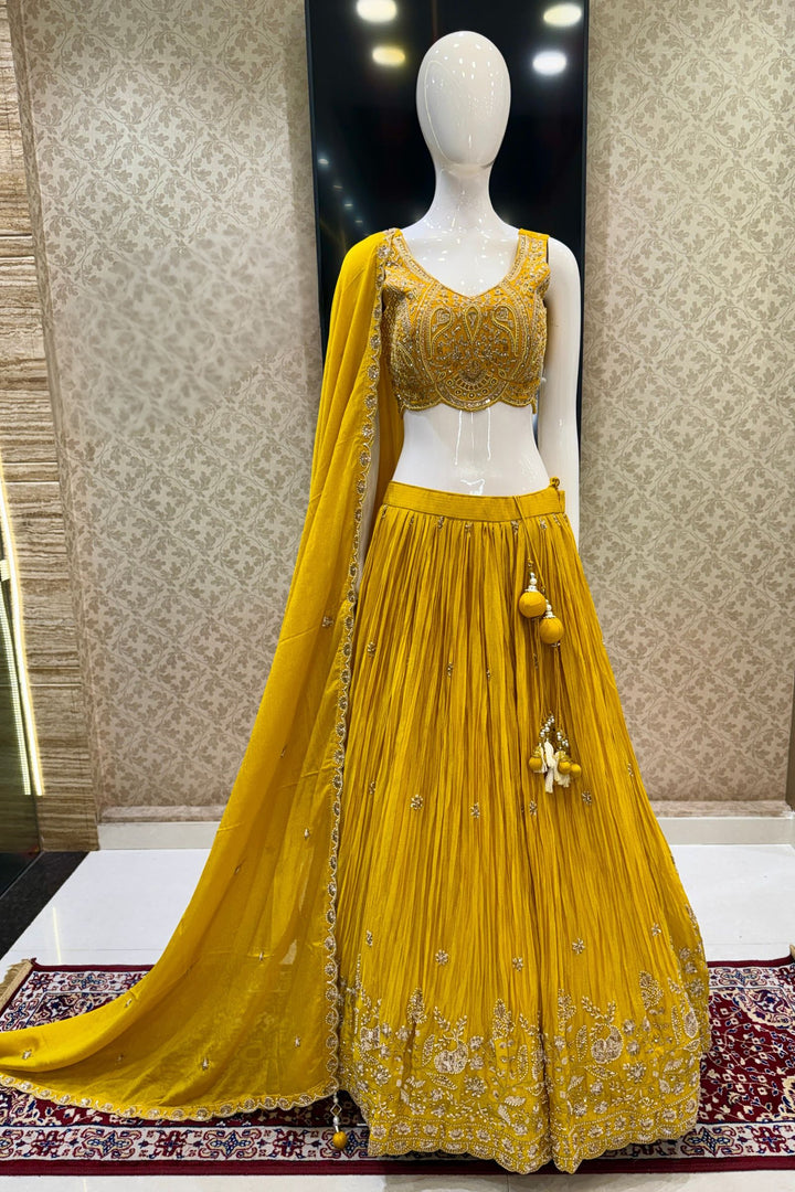 Yellow Beads, Zardozi, Stone, Zari and Sequins work Lehenga