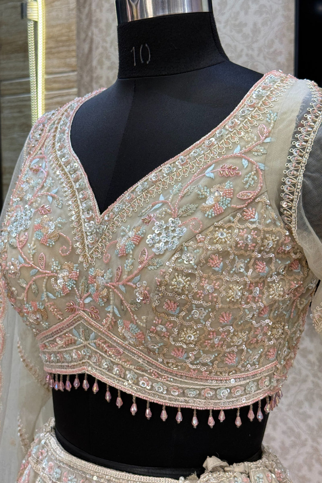 Beige Sequins, Beads and Zari Thread work Crop Top Designer Bridal Lehenga