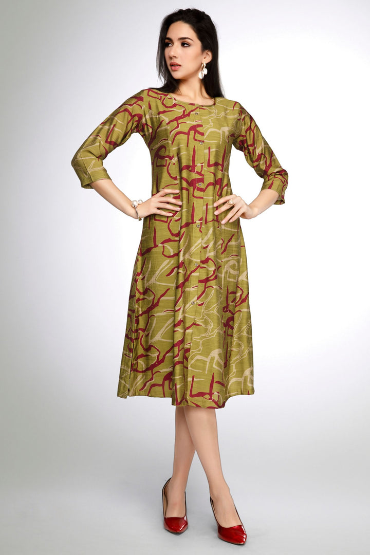 Mehendi Green Abstract Print A-Line Cut Calf Length Kurti