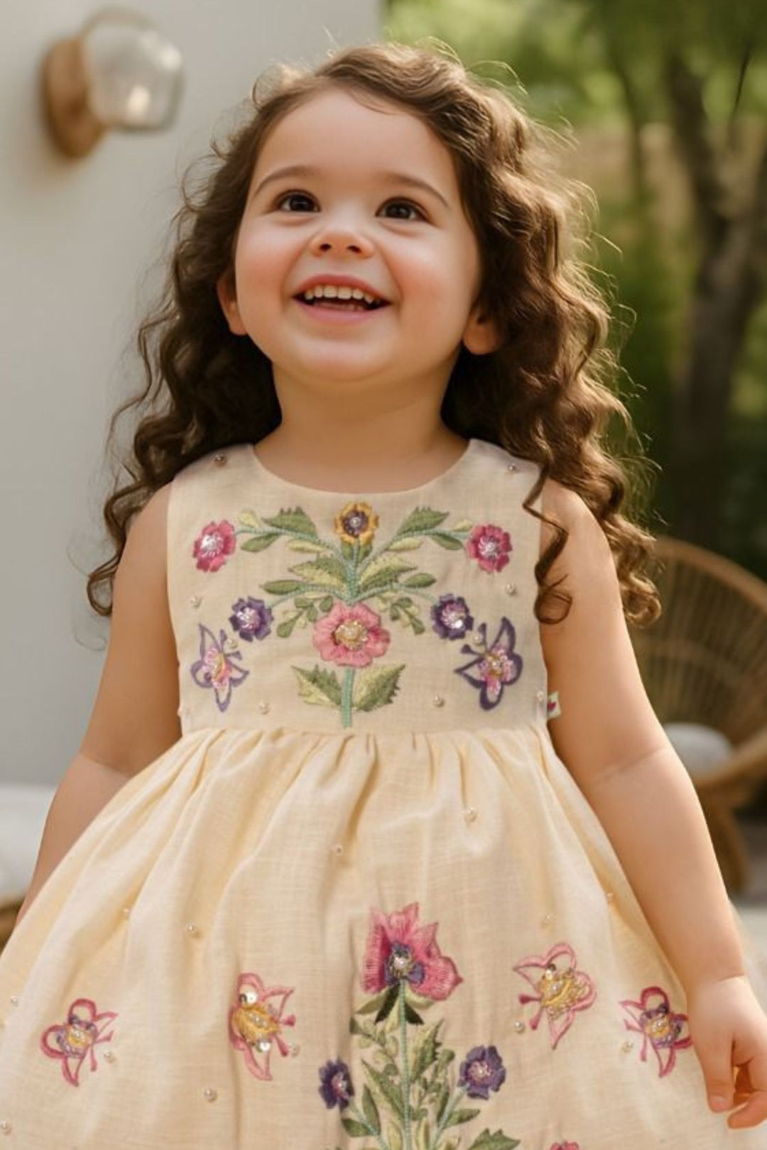 Cream Embroidery, Sequins and Beads work Short Partywear Frock for Girls