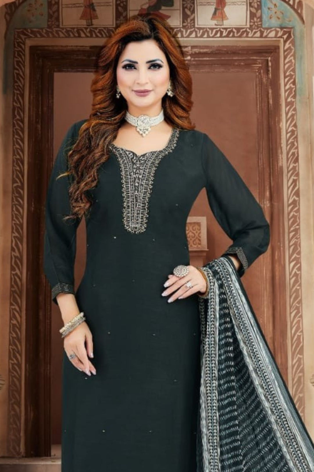 Black Mirror, Stone and Zari work Straight Cut Salwar Suit