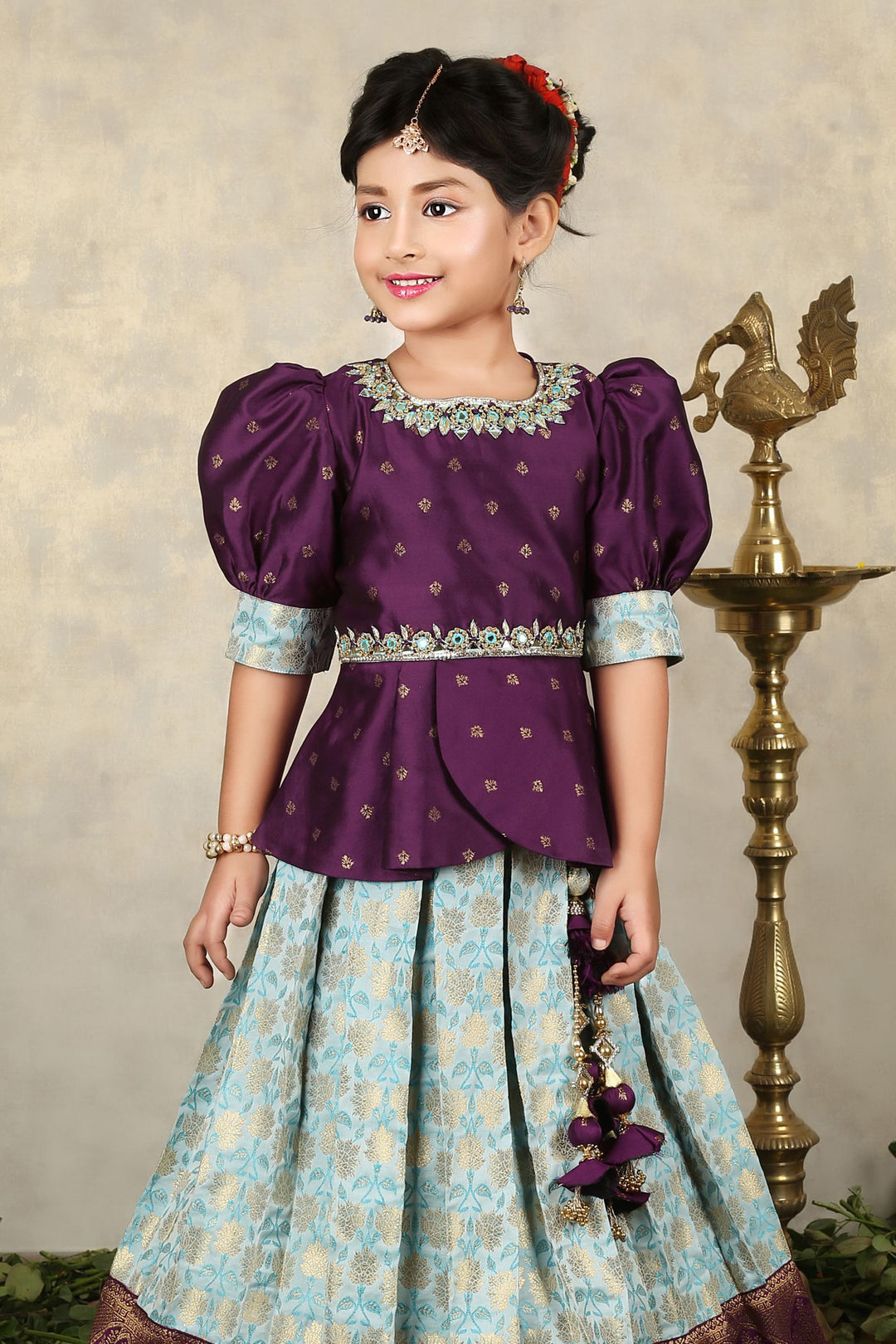 Purple with Light Blue Banaras, Mirror, Stone and Thread work Lehenga Choli for Girls