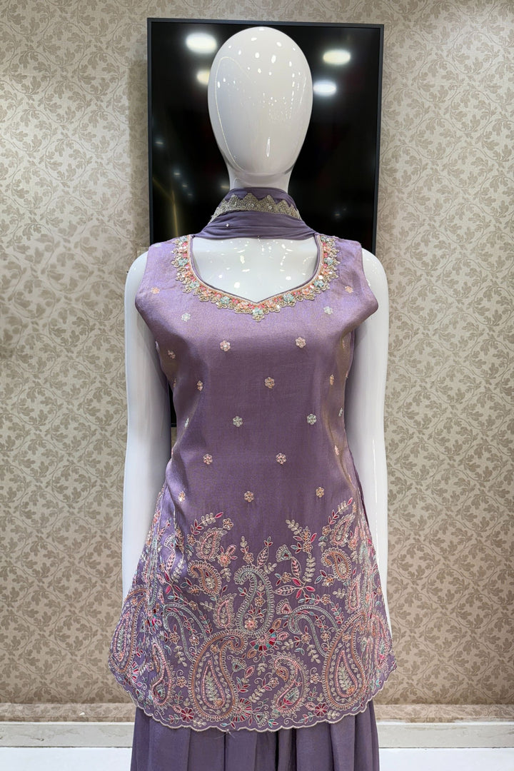 Lavender Thread, Beads, Sequins, Zardozi and Mirror work Palazzo Salwar Suit