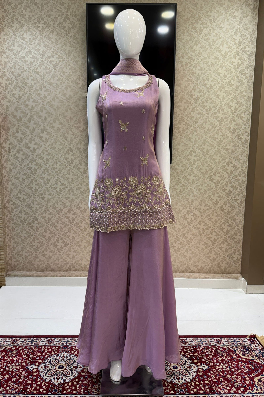 Lilac Beads, Zari and Sequins work Top with Flared Palazzo Set