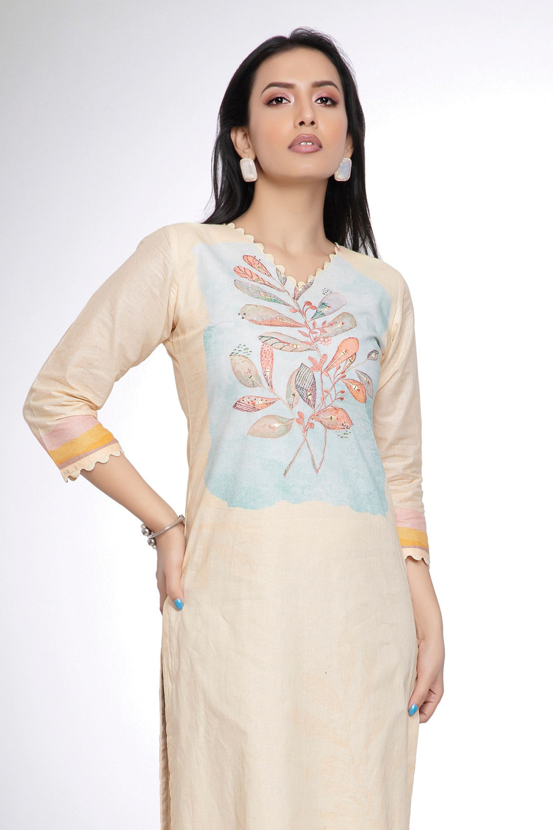 Light Yellow Thread work with Printed Calf Length Kurti