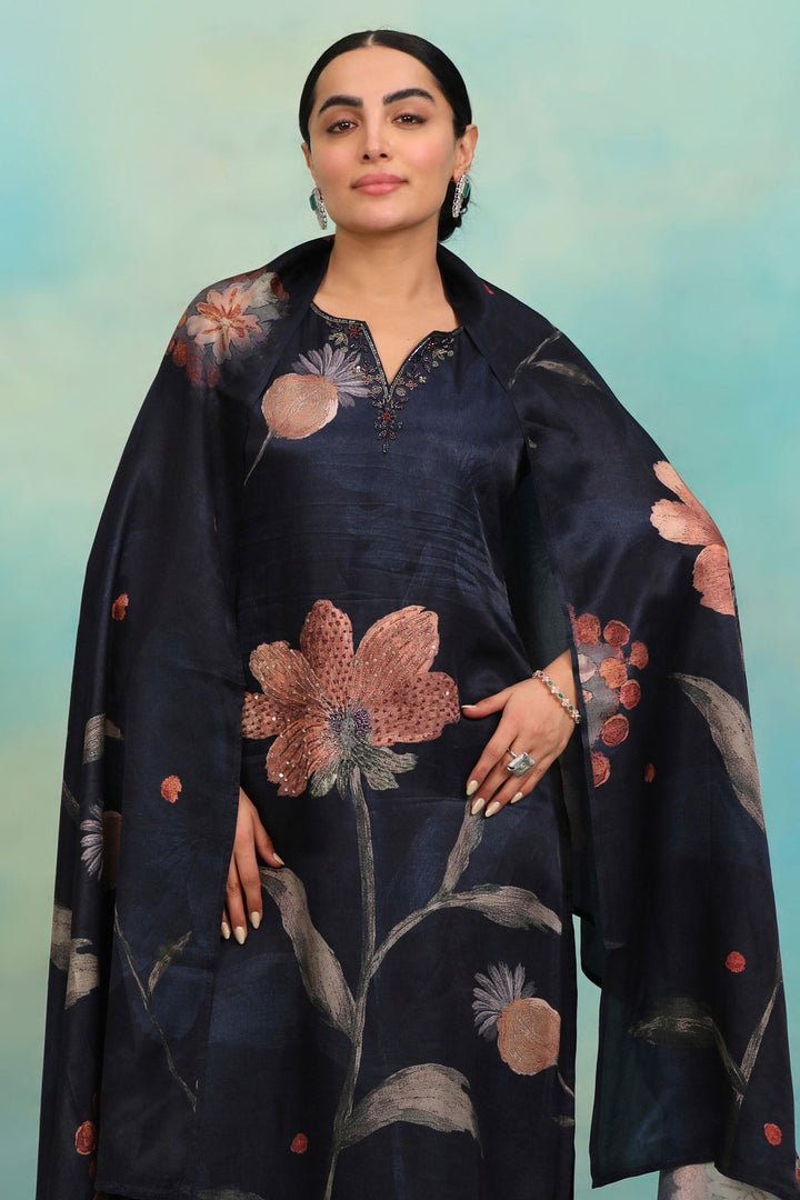 Navy Blue with Floral Print, Sequins and Beads work Straight Cut Salwar Suit