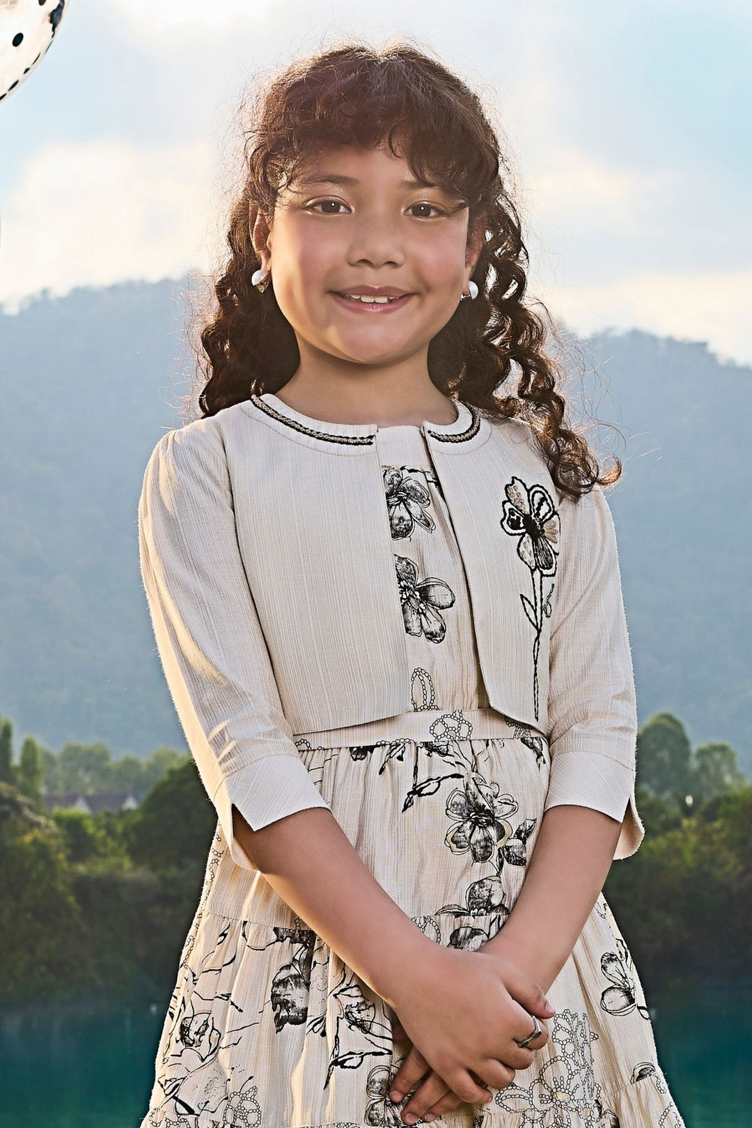 Cream with Digital Print Jacket Styled Short Frock For Girls