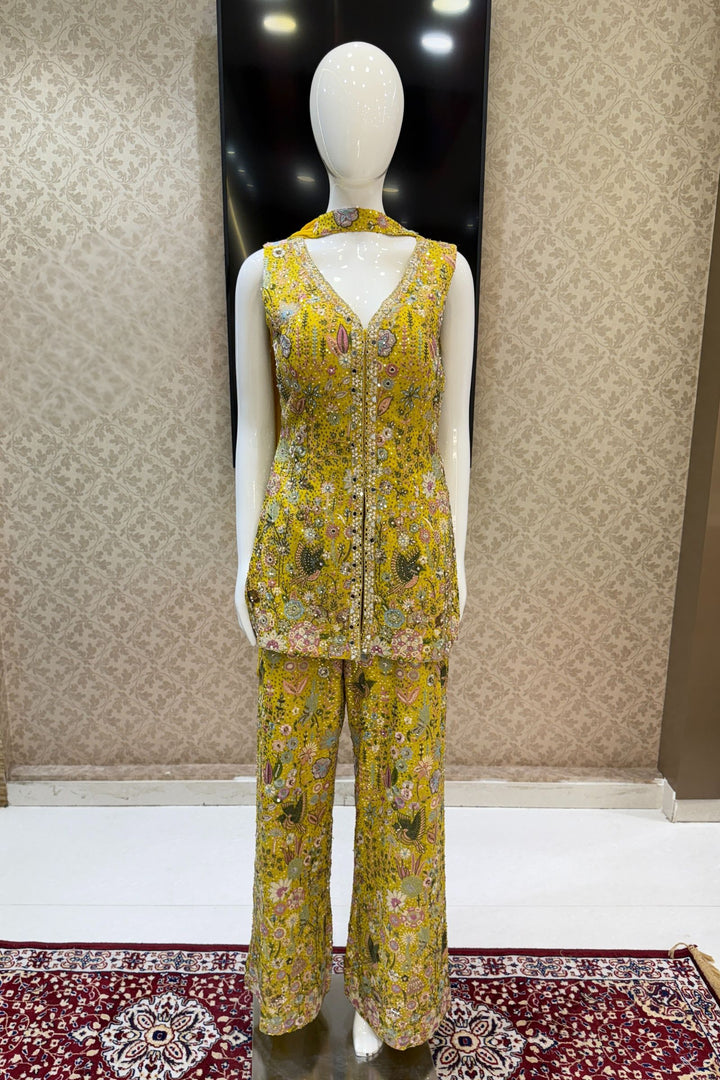Yellow Multicolor Embroidery, Sequins, Pearl, Stone and Mirror work Salwar with Palazzo Pant