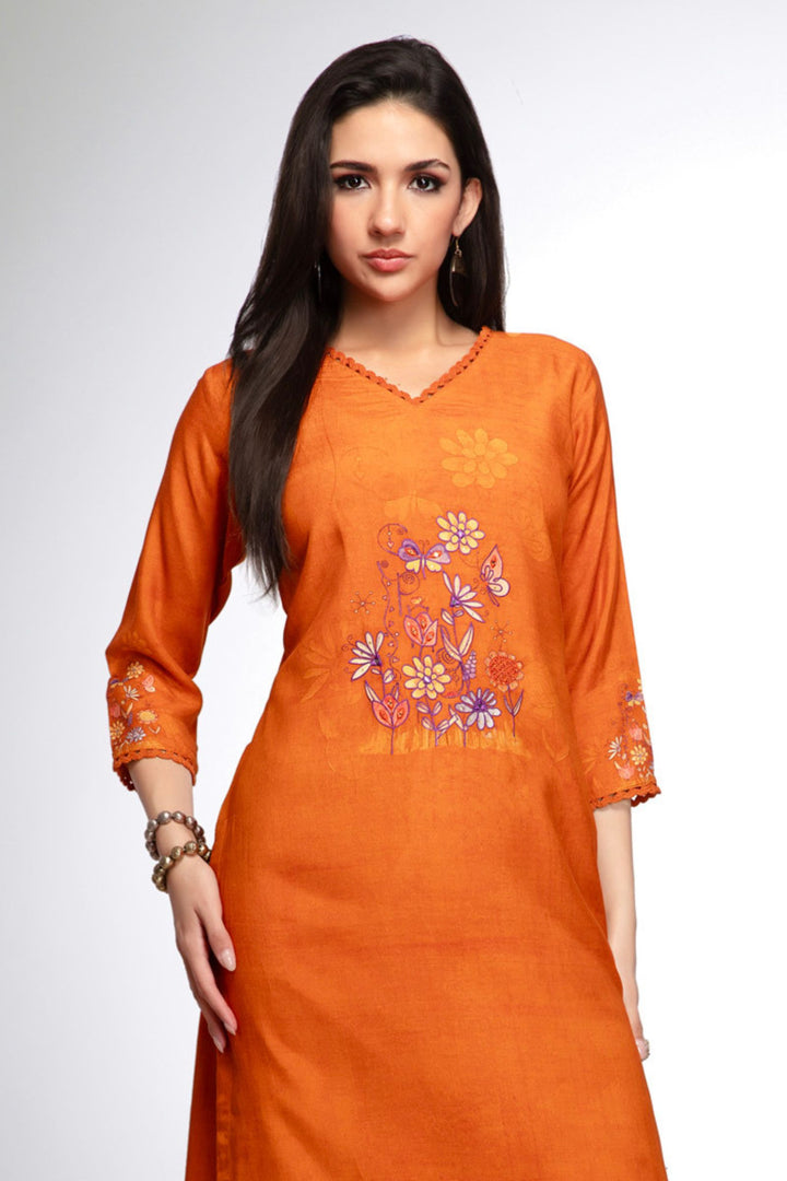 Orange Zari and Thread work with Floral Print Calf Length Kurti