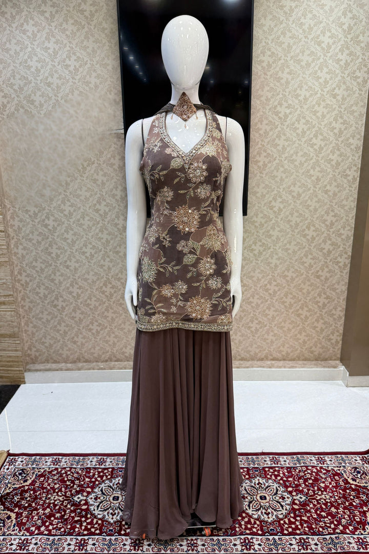 Brown Zari, Beads, Mirror and Zardozi work Palazzo Salwar Suit