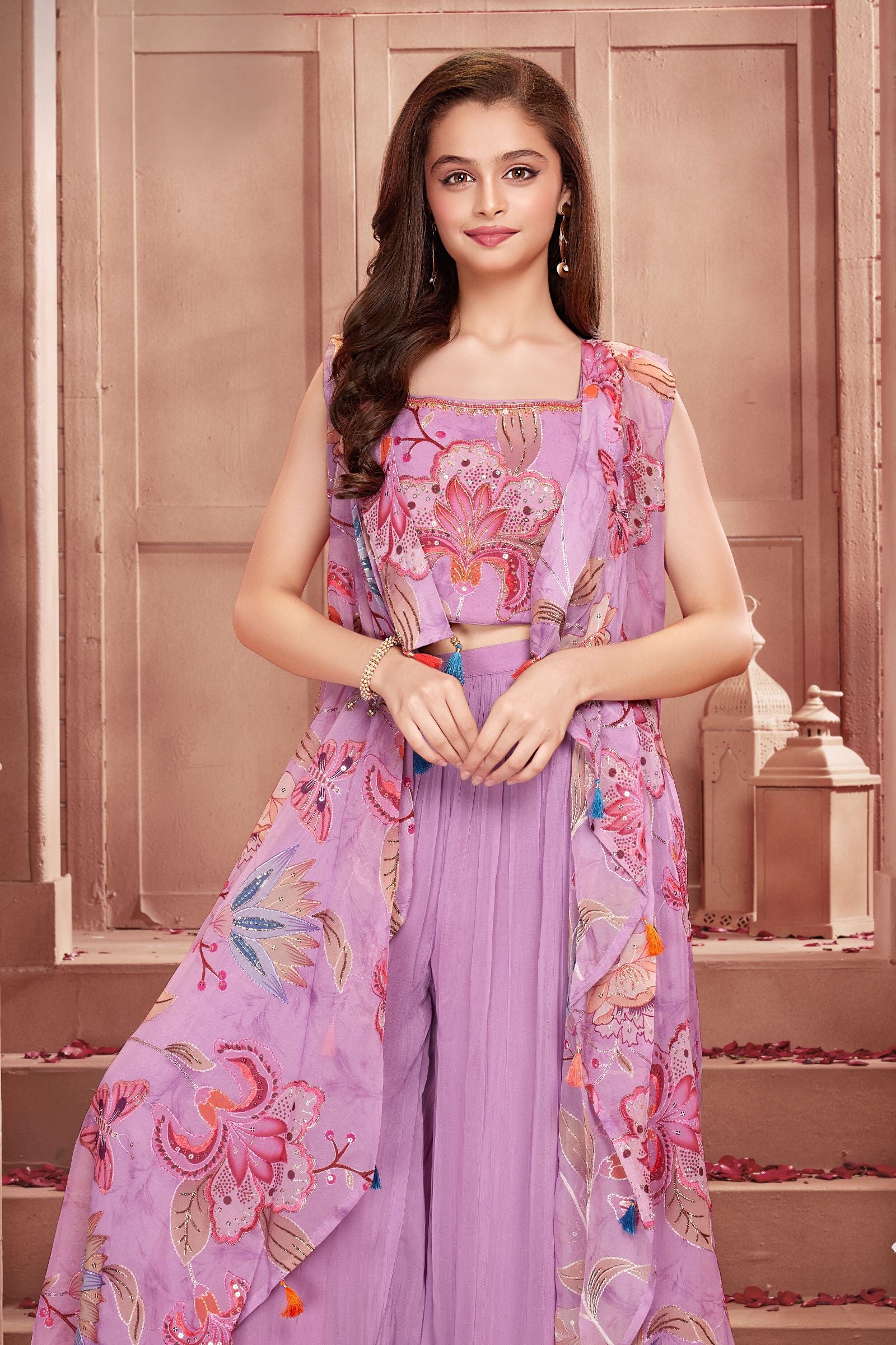 Lavender Beads and Sequins work with Digital Print Overcoat Styled