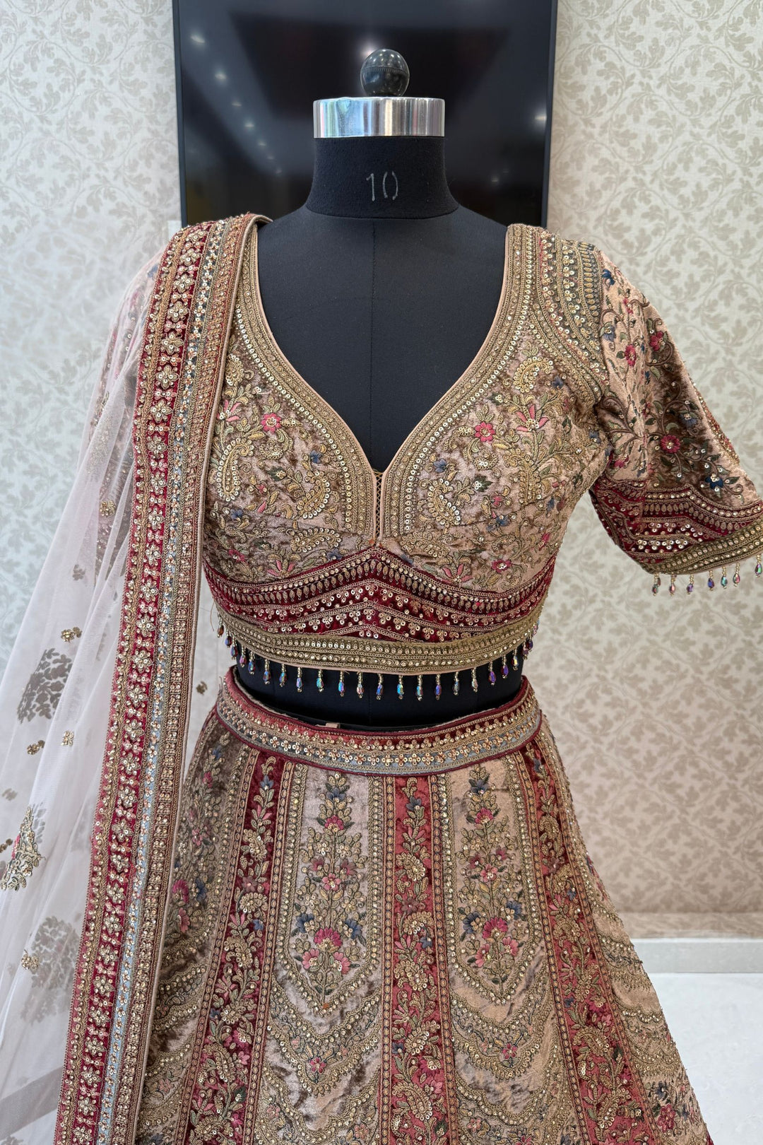 Maroon with Chiku Sequins, Beads, Zari and Stone work Crop Top Designer Bridal Lehenga
