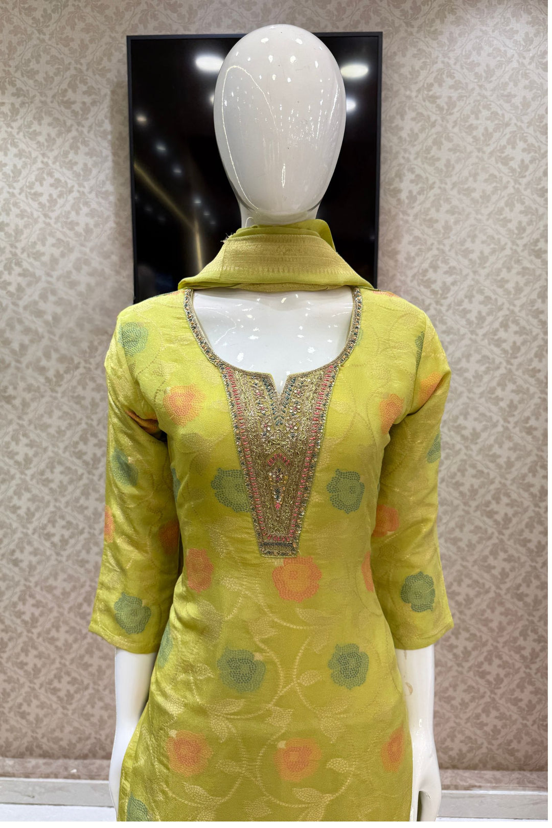 Lemon Green Jacquard, Sequins, Zari, Thread and Beads work Straight Cut Salwar Suit