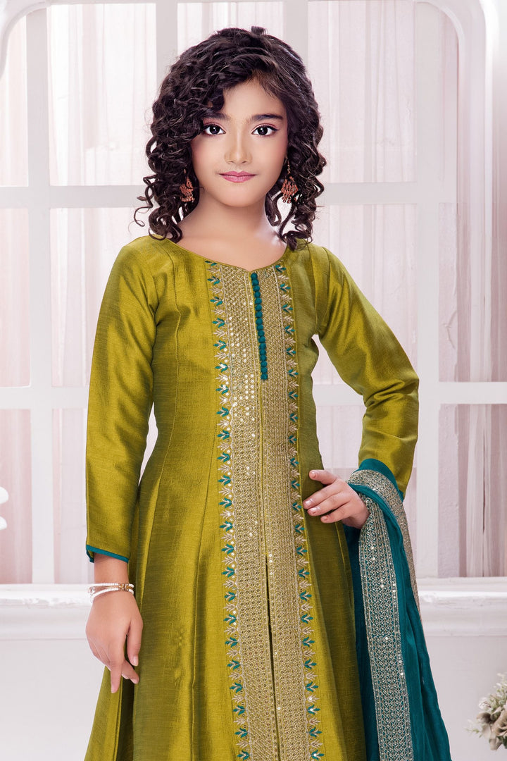 Olive Green Sequins and Zari work Salwar Suit for Girls