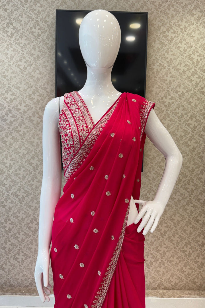 Rani Pink Zari and Sequins work Saree