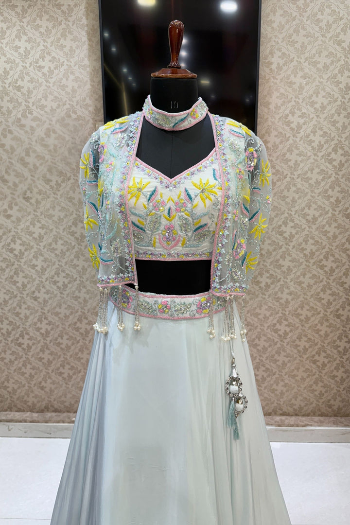 Sea Blue Beads, Sequins and Stone work with Poncho Crop Top Lehenga