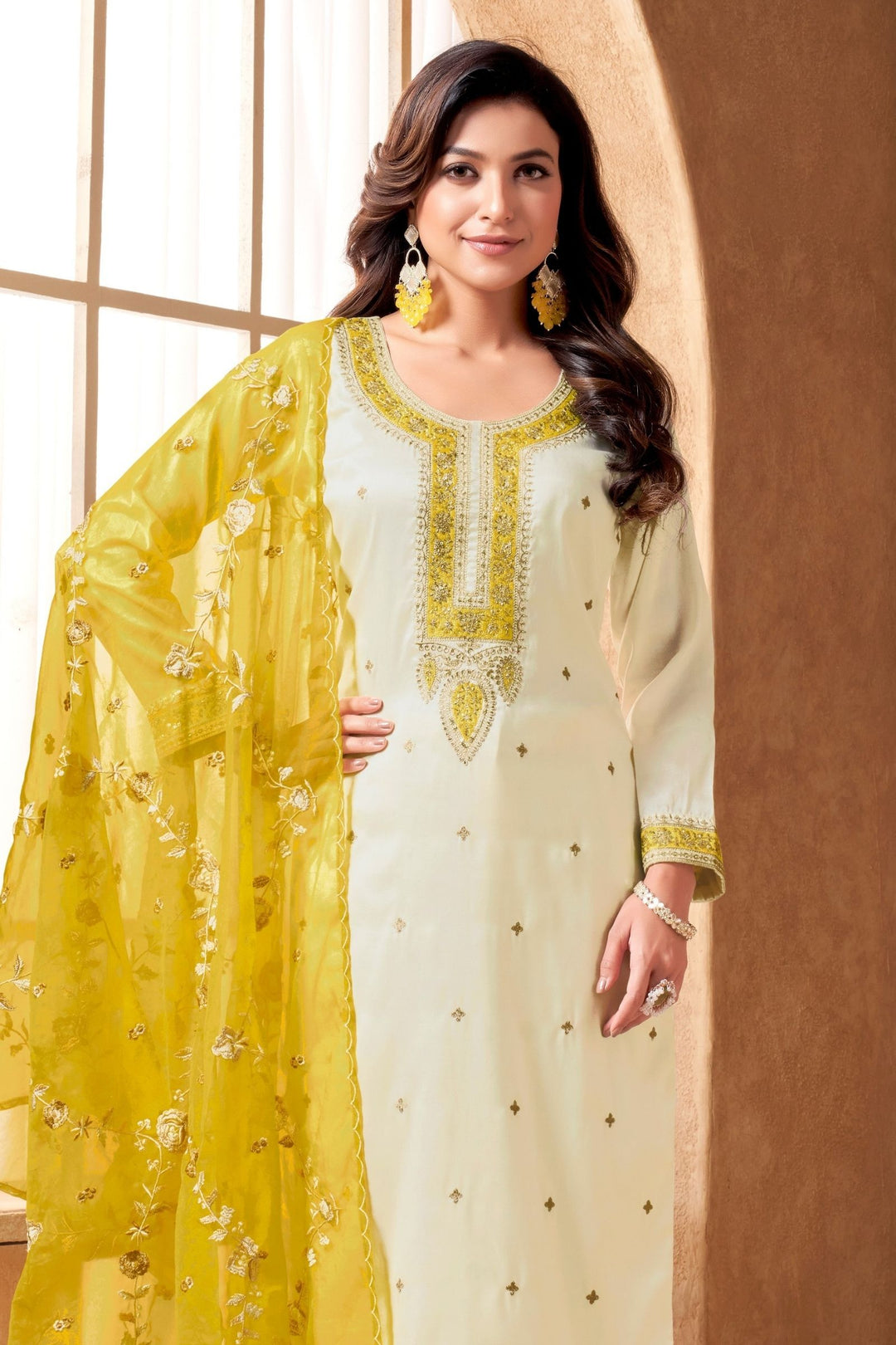 Half White Beads, Zari and Sequins work Straight Cut Salwar Suit