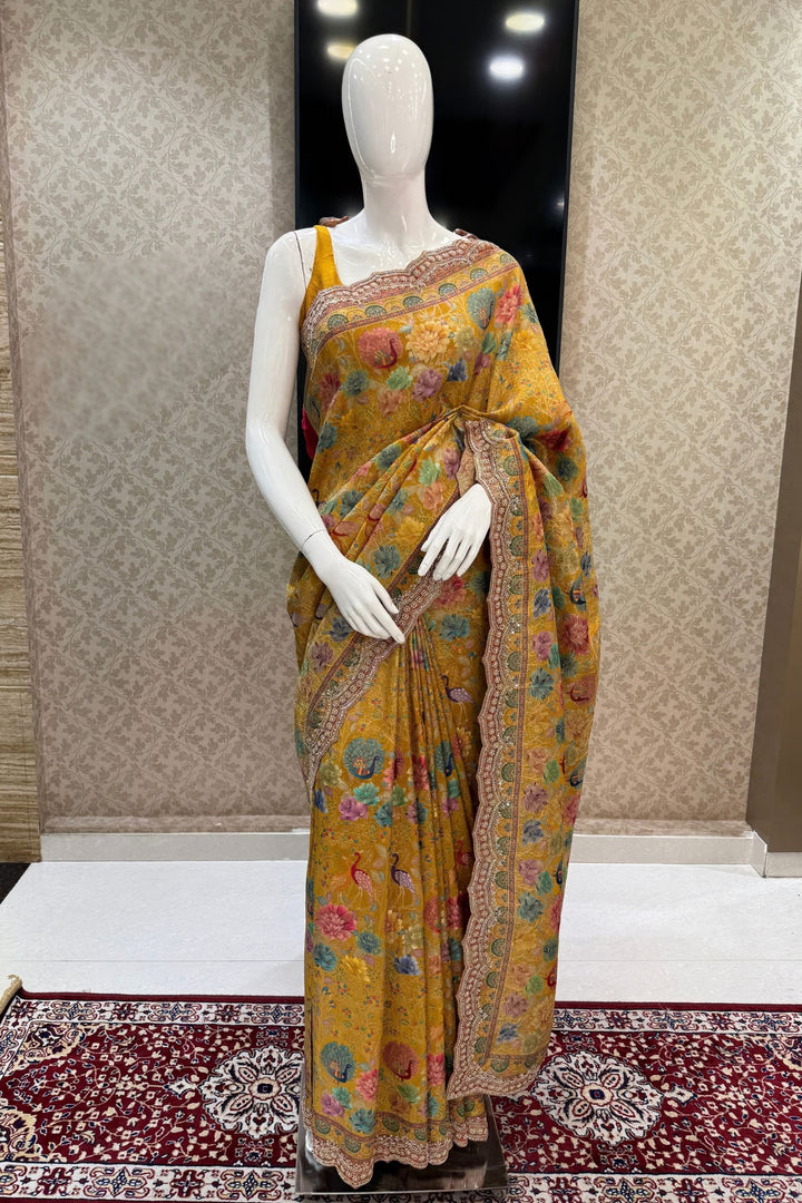 Mustard Saree Featuring Floral Banaras, Pearl, Beads and Sequins work
