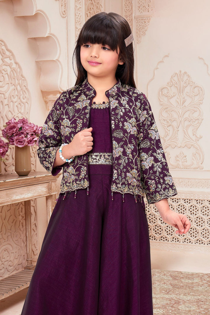 Wine Multicolor Thread, Sequins, Beads and Zari work Palazzo Suit Set for Girls