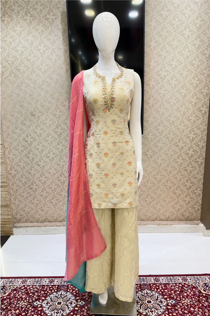 Beige Multicolor Embroidery, Zari, Zardozi and Sequins work Palazzo Salwar Suit